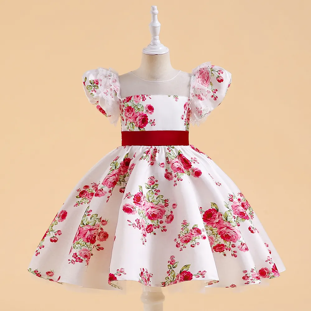New Fashion Kids Garments Baby Floral Printed Satin Frock Flower Girls Summer Party Dress