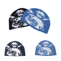 Topi rajutan musim dingin bergaya streetwear dengan grafis malaikat Y2K, logo custom jacquard, motif cherub vintage, grosir untuk pria dan wanita