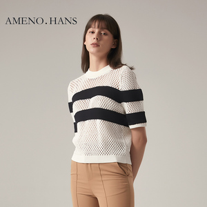 Nuovo arrivo maniche corte O collo maglione donna Top bianco <span class=keywords><strong>e</strong></span> nero con bottoni - Product Image 3