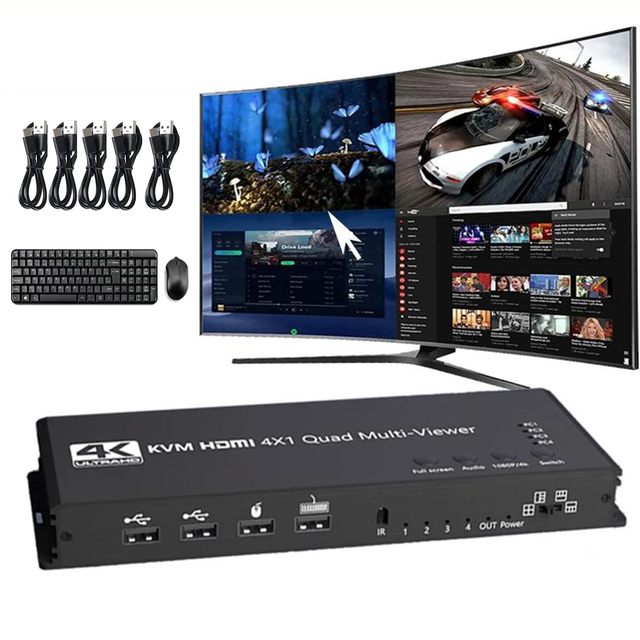 SYONG 4K HDMI KVM Switch 4x1 Quad Multi Viewer 4 in 1 Out KVM HDMI Processor Screen Multiviewer Seamless Share Mouse Keyboard
