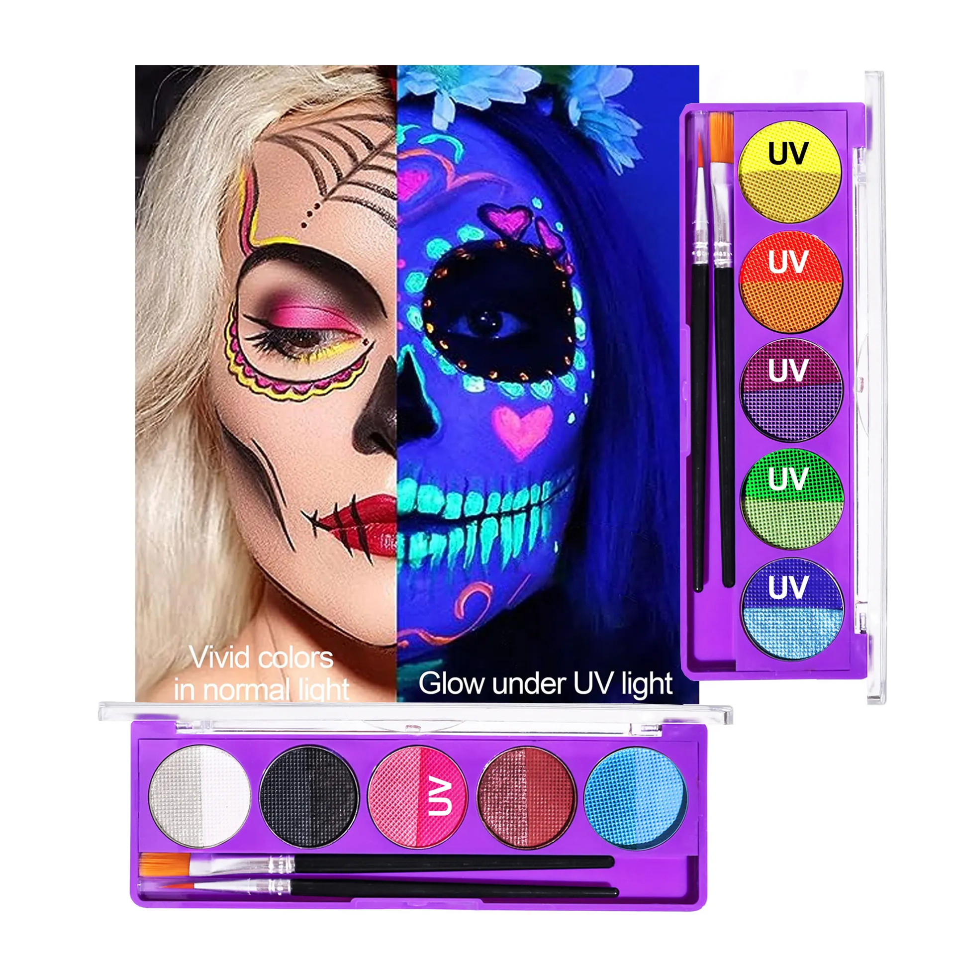 Set palet cat tubuh, Set lukisan wajah berbasis air Halloween, Krim Neon/UV/Neon, Set terang Glow In The Dark