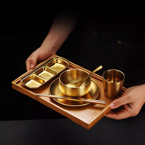 Stainless Steel Dinnerware Set Gold Plated Rectangular Tray With Bowl Chopsticks Spoon Cup Condiment Dishes For Daily Use - Product Image 1