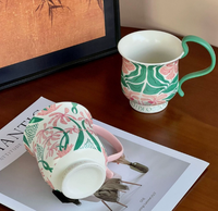 Mug à café vintage à long manche motif Phalaenopsis, tasse à latte en céramique style mid-century