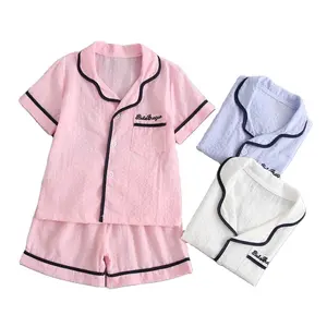Short sleeve baby boys and girls summer pajamas sets kids cotton yarn sleepwear homewear children solid color pyjamas