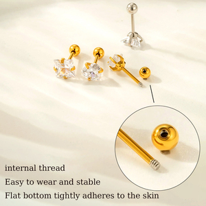 HENGSEN 20G Bijoux de piercing pour cartilage et tunnel en acier inoxydable plaqué or, avec zircone cubique, formes étoile, cœur, triangle, carré, pour cadeau - Product Image 4