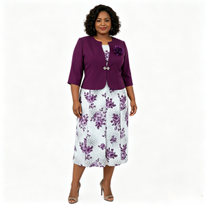 Ensemble robe et veste 2 pièces pour femmes grandes tailles, imprimé floral, élégant, longueur mi-mollet, violet, en crêpe, vêtements grande taille - Product Image 4