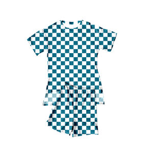 GSSO3153 Ensemble décontracté pour enfants, imprimé à carreaux blancs et cyan, manches courtes, en laine peignée, pour petite fille active, vente en gros - Product Image 1