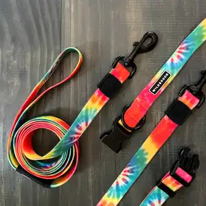 PVC Nylon Webbing Rope Stripe Pet Leash Tie Dye Rubber Coated Waterproof Dog Collar Leash