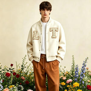 Custom Logo Cream Snap Front Varsity <b>Jacket</b> Chenille <b>Letter</b> Patch Bomber Striped Rib Welt Pocket <b>Men</b> Baseball <b>Jacket</b> - Product Image 1