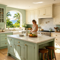Cuisine modulaire sur mesure style Bermuda, armoires en bois massif vert sauge avec poignées en laiton et évier, idéale pour maison tropicale insulaire