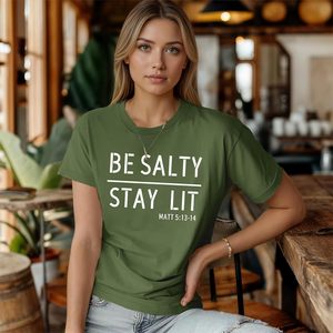 เสื้อยืดผู้หญิง FOXA ลาย Be Salty Stay Lit พร้อมข้อความจากพระคัมภีร์ไบเบิล ผ้าฝ้ายเจอร์ซีย์ 100% ระบายอากาศได้ดี แขนเสื้อแบบปกติ - Product Image 5