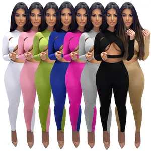 8 Colors Fall Sexy Long Sleeve Cross Crop Top And Pants Set For Women Nightclub Outfit
