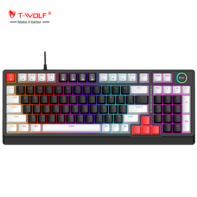 T-WOLF T50 Wired Mechanical Keyboard 85% Keyboard 98 Keys Hot Swappable Blue Switch Gaming USB Wired RGB Light Led Keyboard Game
