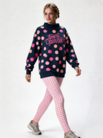 Sweat-shirt tendance pour femmes à col montant à pois, longueur allongée, avec logo brodé personnalisé