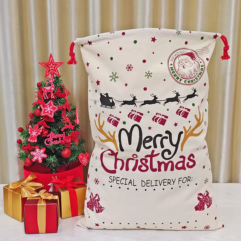 Giáng sinh Santa Canvas Túi quà tặng với drawstrings tái sử dụng lớn Xmas túi cho quà tặng gói khổng lồ