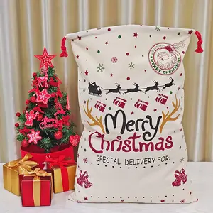 巾着付きクリスマスサンタキャンバスギフトバッグ巨大なギフト包装のための再利用可能な大きなクリスマスバッグ