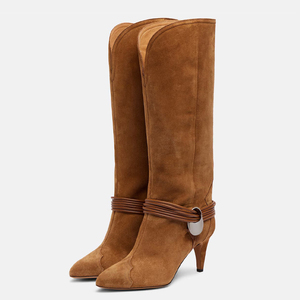 Bottes hautes pour femmes, taille 46, coupe large, talons aiguilles, en daim, bout pointu, style bottines longues - Product Image 1