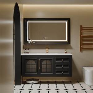 Combinaison d'armoires de salle de bain rétro en chêne français, meuble-vasque en bois massif, lavabo intégré en céramique - Product Image 3
