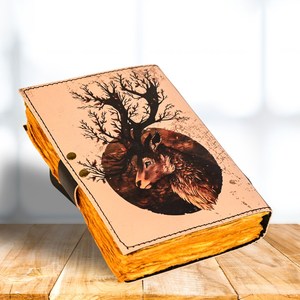 Diario de cuero genuino hecho a mano Deckle Edge Diary Grimoire Leather Deer Print Journal Notbook Libro de hechizos en blanco - Product Image 2