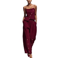 Nouvel ensemble d'été 2026 en lin asymétrique 2 pièces chic à la française avec camisole à boutons dorés et pantalon large bleu décontracté – Vente en gros