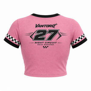 Custom Print Y2K Racing Crop <b>Tops</b> Short Sleeve Pink Base <b>Checker</b> Rib Women Retro Graphic Tees - Product Image 3