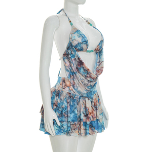 วิวิบลุค D26ST069 ชุดผู้หญิงฤดูร้อนใหม่พิมพ์ลายผูกเชือกแขนกุดเสื้อครอปแต่งระบายกระโปรงมินิชุดสองชิ้น - Product Image 4