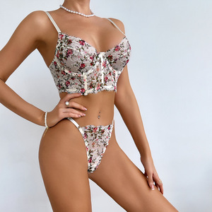 ชุดเซ็กซี่ลายดอกไม้ซีทรูลูกไม้ 2 ชิ้น เสื้อครอปคอร์เซ็ท กางเกงในจีสตริง ชุดชั้นในผู้หญิง - Product Image 2