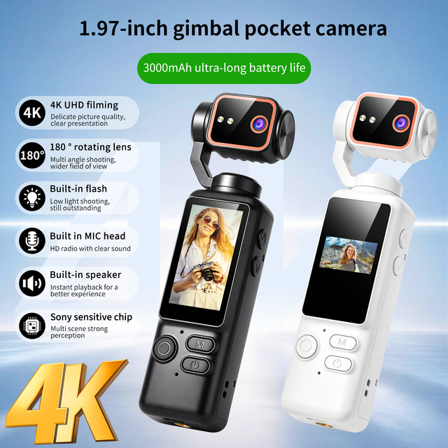 4K HD1.97inch Gimbal Pocket Camera Shooting Delicate Image Quality 180°Rotating Lens Build in Flash Auto Focus Long Battery Life