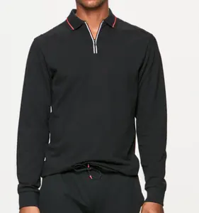 블랙 도매 100% 코튼 긴 소매 남성 폴로 셔츠 골프 점퍼 긴 소매 1/4 지퍼 풀오버 스탠드 칼라 남성 땀 셔츠