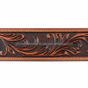 Ceinture occidentale Vintage en cuir brun gaufré floral, boucle en laiton mélangé, Vintage, faite à la main - Product Image 1