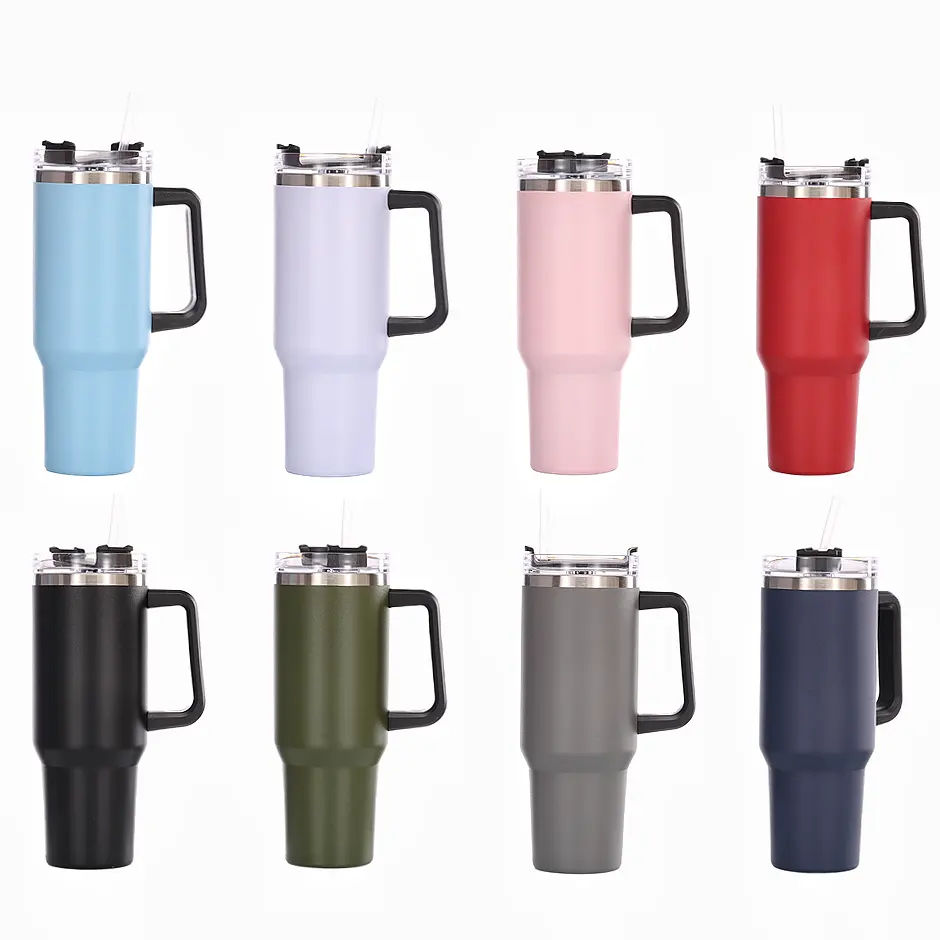 2022 custom vacuum insulated stainless steel 40 oz tumbler coffee cup with handle and straw thermal mugs