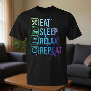 Camiseta Eat Sleep Relax Repeat, camiseta gráfica unisex negra - Product Image 3