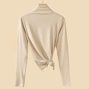 חולצת בסיס מודאלי חצי tleneck חולצת בסיס נשים גמישות גבוהה רזה רזה מתאים צבע אחיד שרוול ארוך העליון - Product Image 6