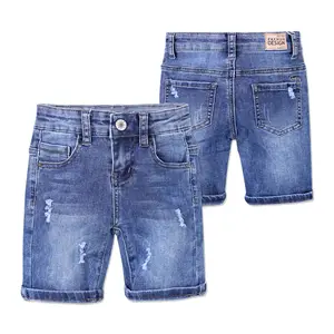 Summer new children fashion stretch denim five quarter pants boys casual solid color ripped shorts