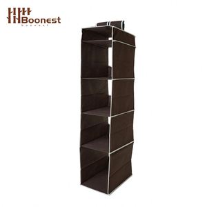Space-Saving 5-Tier Hanging Closet <b>Shelves</b> | Brown Non-woven Wardrobe Organizer for Sweaters, Jeans - Product Image 3