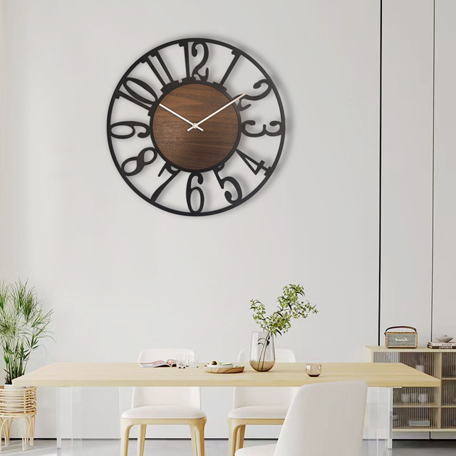 Modern Style High-end Light Luxury Single-sided Silent Quartz Movement Artistic Creative Iron & Wood Home Decorative Wall Clock
