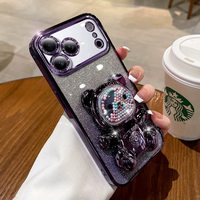 Coque de téléphone antichoc en TPU+PC électroplaqué à paillettes pour iPhone 11-17, motif ours mignon avec support magnétique