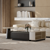 Table basse minimaliste avec grand rangement : armoire en bois massif multi-niveaux + plateau en verre noir rose haute résistance avec tiroirs