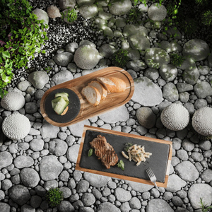 Plateau en bois d'acacia massif pour snacks et steaks, assiettes en ardoise noire pour <span class=keywords><strong>restaurant</strong></span>, fête, cuisine japonaise, assiette en pierre - Product Image 4