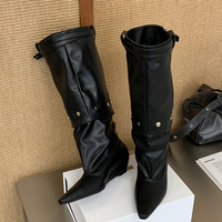 Nouvelles Bottes Hautes Femme Hiver à Bout Pointu, Style Tendance, avec Bride Détachable et Talon Compensé