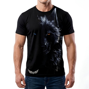 Camiseta de Hombre con Estampado de Lobo Negro, Corte Ajustado, Manga Corta, Cuello Redondo, Informal, Transpirable, de Poliéster con Estampado Fotográfico - Product Image 1