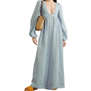 2026 été musulman élégant dame lanterne manches col en v à lacets dos Maxi dames longues femmes Peplum Vestidos décontracté 100% robe en lin - Product Image 5