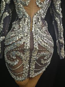 Robe moulante courte à manches longues en maille à paillettes pour femmes noires, costume de scène pour soirée en boîte de nuit, performance de ballet - Product Image 3