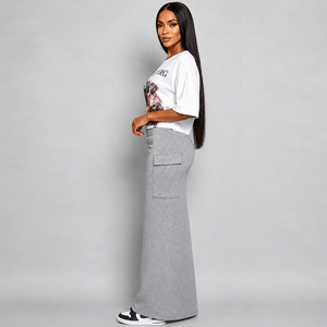 Ensemble 2 pièces pour femmes, haut asymétrique imprimé à épaules dénudées avec jupe grise longue, tenue décontractée printemps-été - Product Image 3