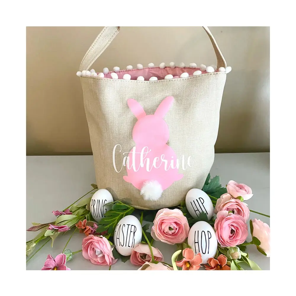 Kişiselleştirilmiş Monogram yumurta Tote kız erkek dantel Pom Pom Bunny paskalya sepeti hediyeler