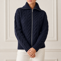 Maßgefertigte Damen-Strickjacke in Marineblau mit Reißverschluss, Umlegekragen und Langen Ärmeln, OEM ODM Fabrik Großhandel Winter-Strickwaren