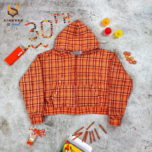 Manufacturer Custom Streetwear Plaid Flannel Boxy Hoodie Oversized Reversible Stone Faded Zipper Distressed Hoodie for Men - Product Image 1