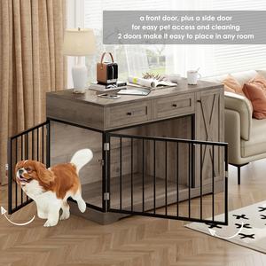 Cage pour chien, meuble, niche, <span class=keywords><strong>double</strong></span> porte, bois, 2 tiroirs, durable, facile à nettoyer, verrouillable, moderne, rustique, cage intérieure - Product Image 4