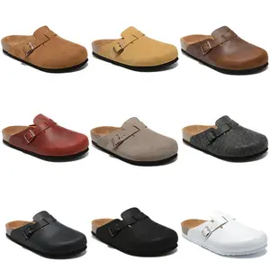 Sepatu bakiak kulit asli untuk wanita, sandal malas nyaman, sepatu katun kasmir gabus Hana untuk musim panas