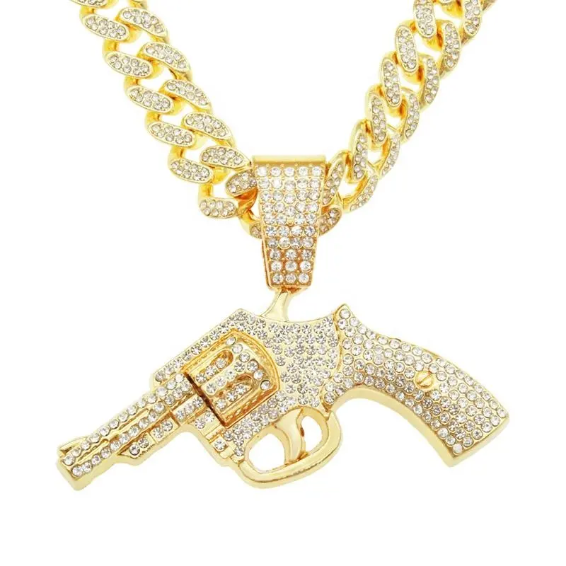 Hip hop big cuban chain gun jewelry alloy and bling CZ rhinestone revolver shape pendant chokers necklace